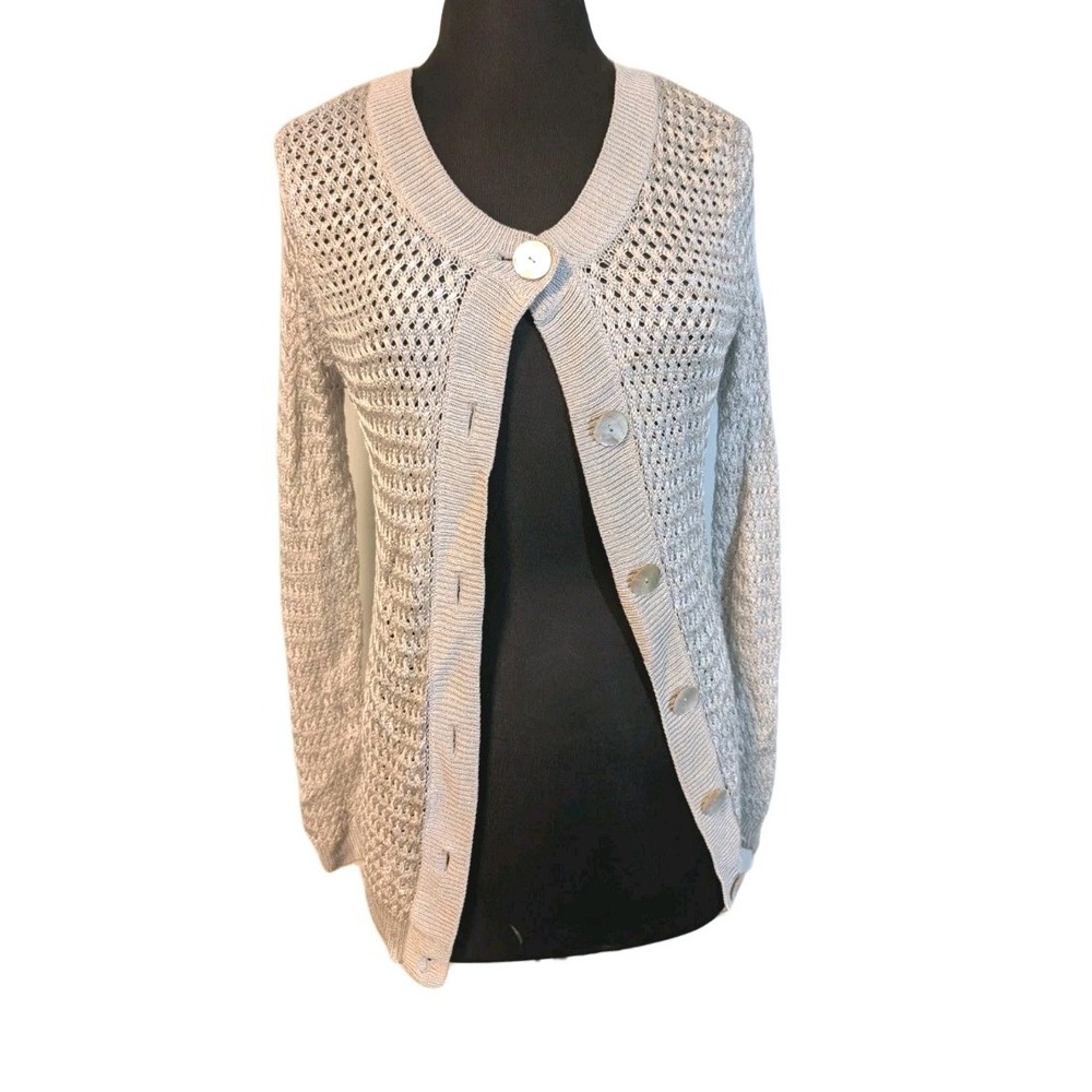 Chico's Silver Ivory Color Lace Crochet‎ Button Front Cardigan Size 2